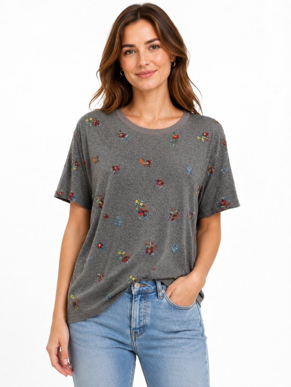 The Kooples Gray Floral Embroidered Beaded T-Shirt 100% Viscose Size Small